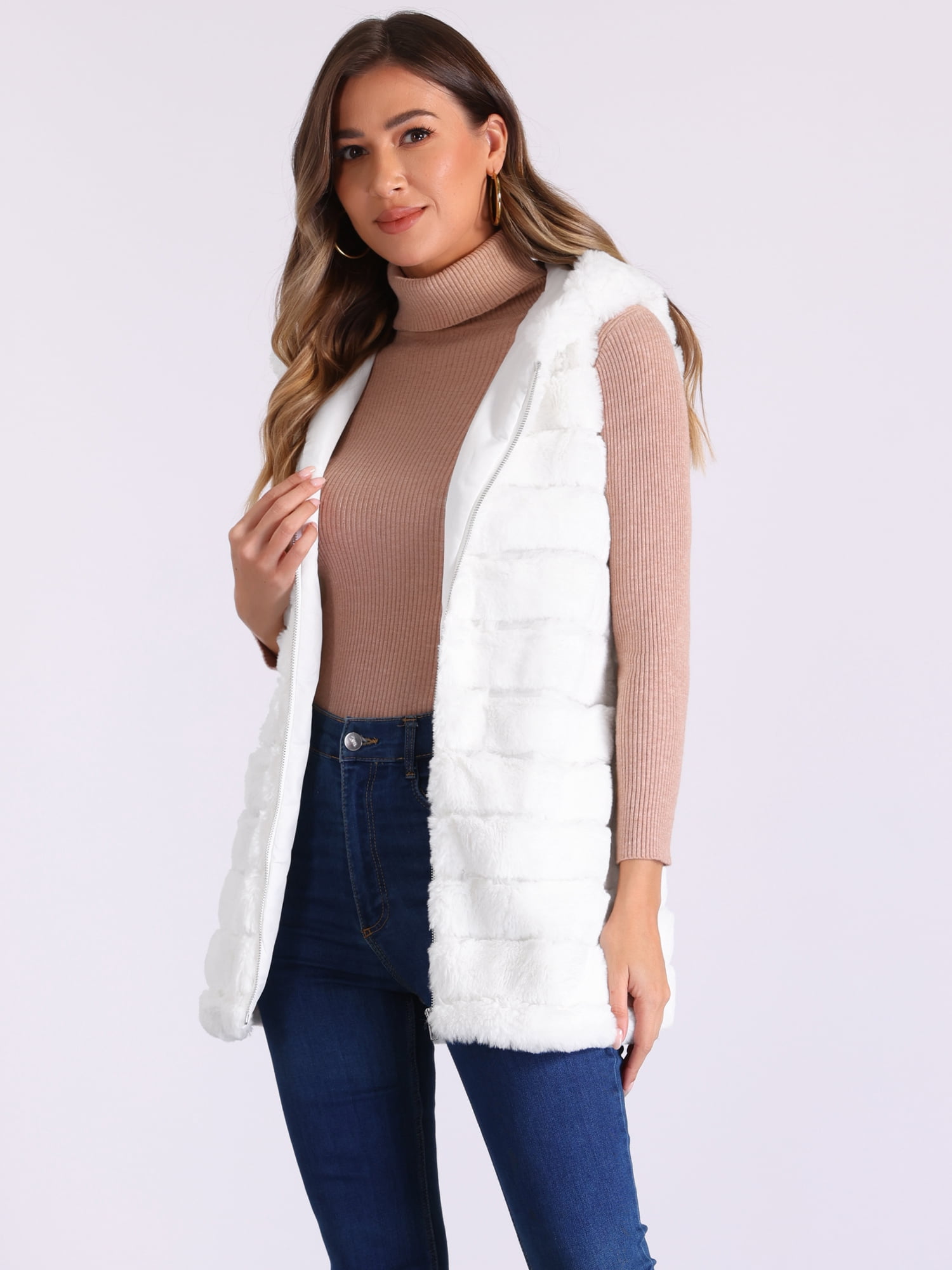 DARING DIVA Women's Faux Fur Sleeveless Zip Up Hooded Vest S White