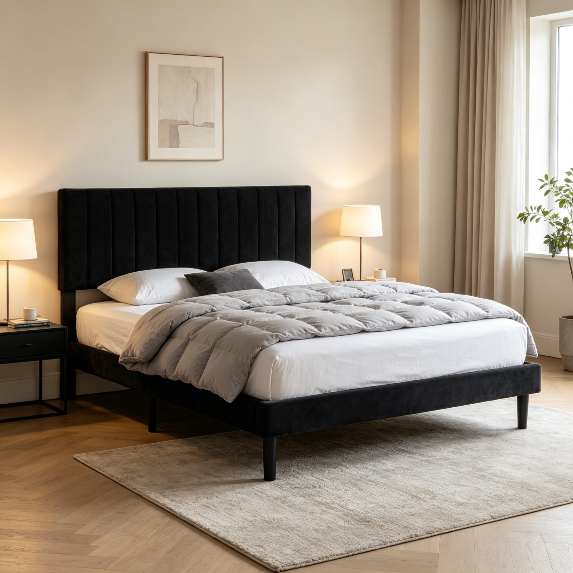 Gewnee Queen Size Upholstered Bed Frame,Velvet Platform Bed with Adjustable Headboard,Modern Bedroom Furniture with Wood Support,No Box Spring Needed,Black