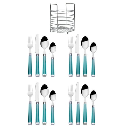 Pfalzgraff 16-piece Stainless Steel Silverware Set and Caddy with Tiffany Blue Handles