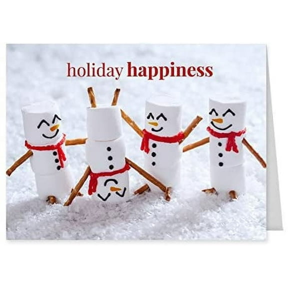 Marshmallow Snowmen Holiday Card Pack / 25 Seasonal Greeting Cards Including Envelopes / Whimsical Winter Happiness Food Design And Joyful Wishes Note
