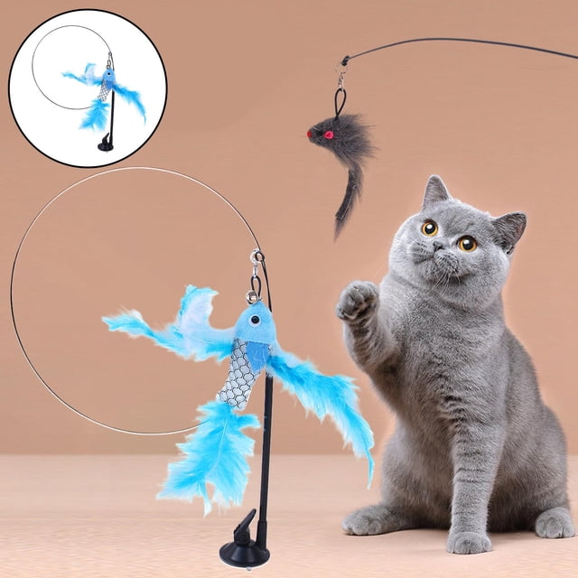 Juguete interactivo para gatos perfecl varilla larga con ventosas y plumas volador azul