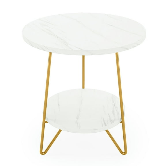 Topcobe Faux Marble End Table, 2-Tier Round Sofa Bedside Table with Shelves, Small Side Table, End Tables Living Room, White Faux Marble & Gold