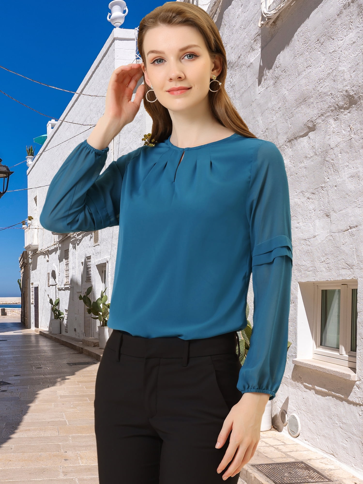 DARING DIVA Chiffon Semi Sheer Long Sleeves Keyhole Neck Blouse XL Lake Blue