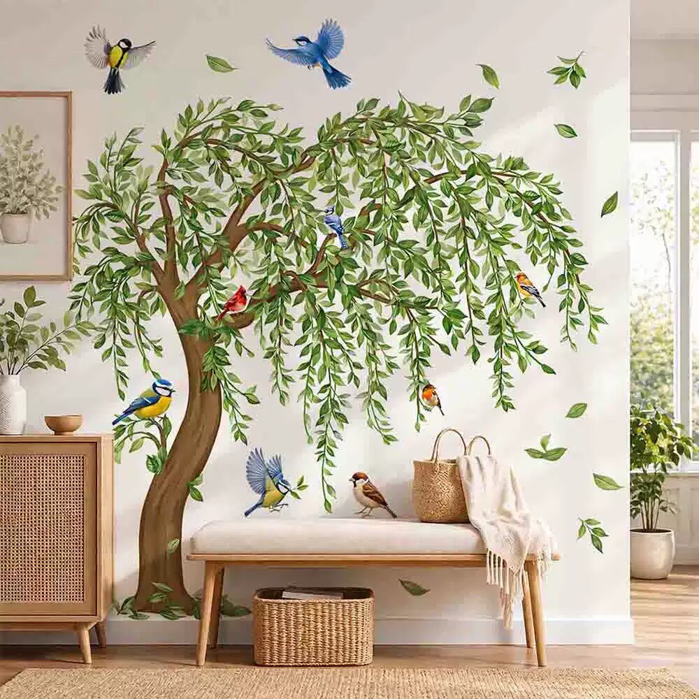 Green Tree Branch Green Leaves Floral Wall Decals Stickers Hanging Vine Leaf Wall Stickers Peel and Stick Gift for Kids Playroom Nursery