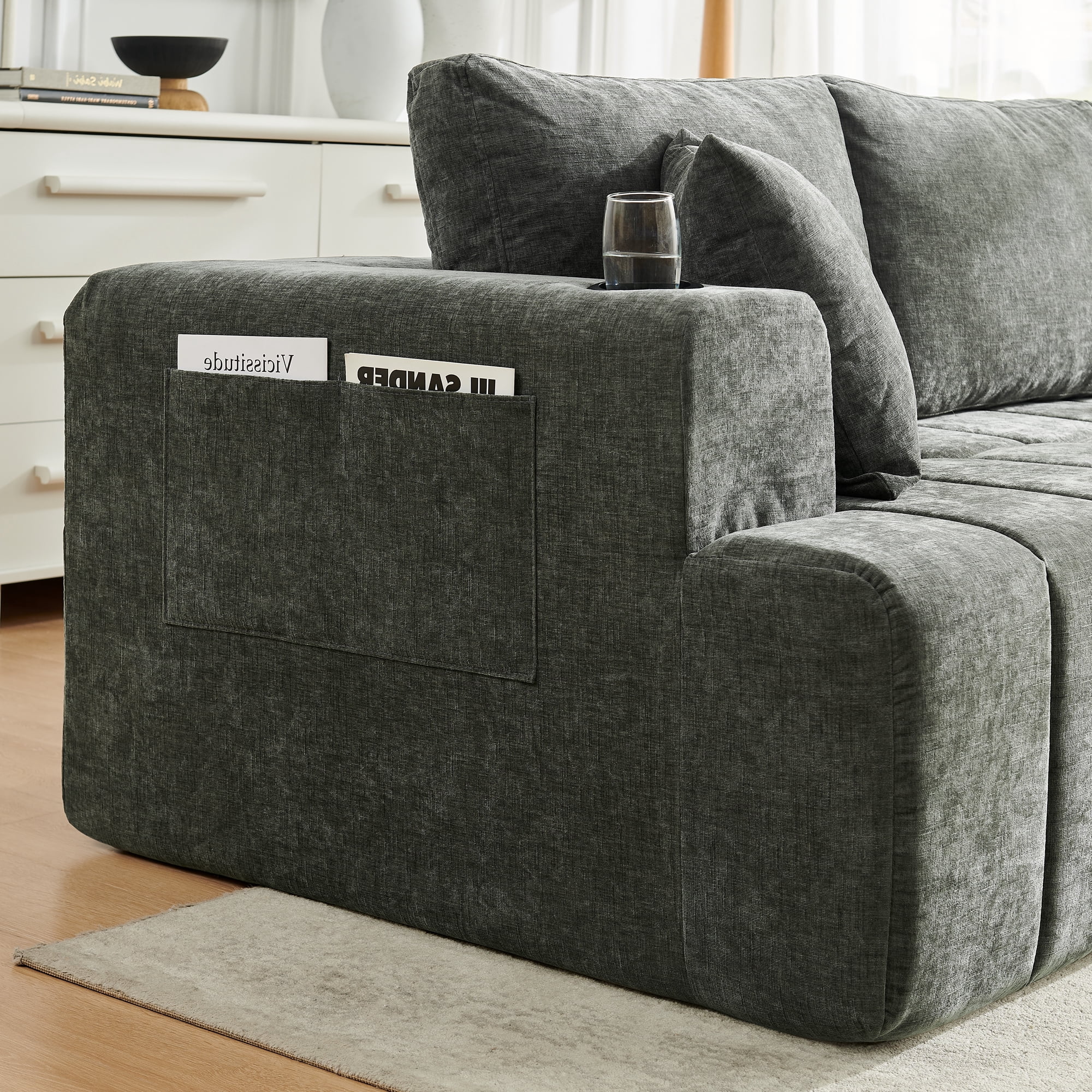 Leumius 108" L-Shaped Sectional Sofa,Chenille Boneless Couch, Modern 3-Seat Upholstered Cloud Couch Sectional with Deep Seat and Cup Holders for Living Room,No Assembly Required,Dark Gray