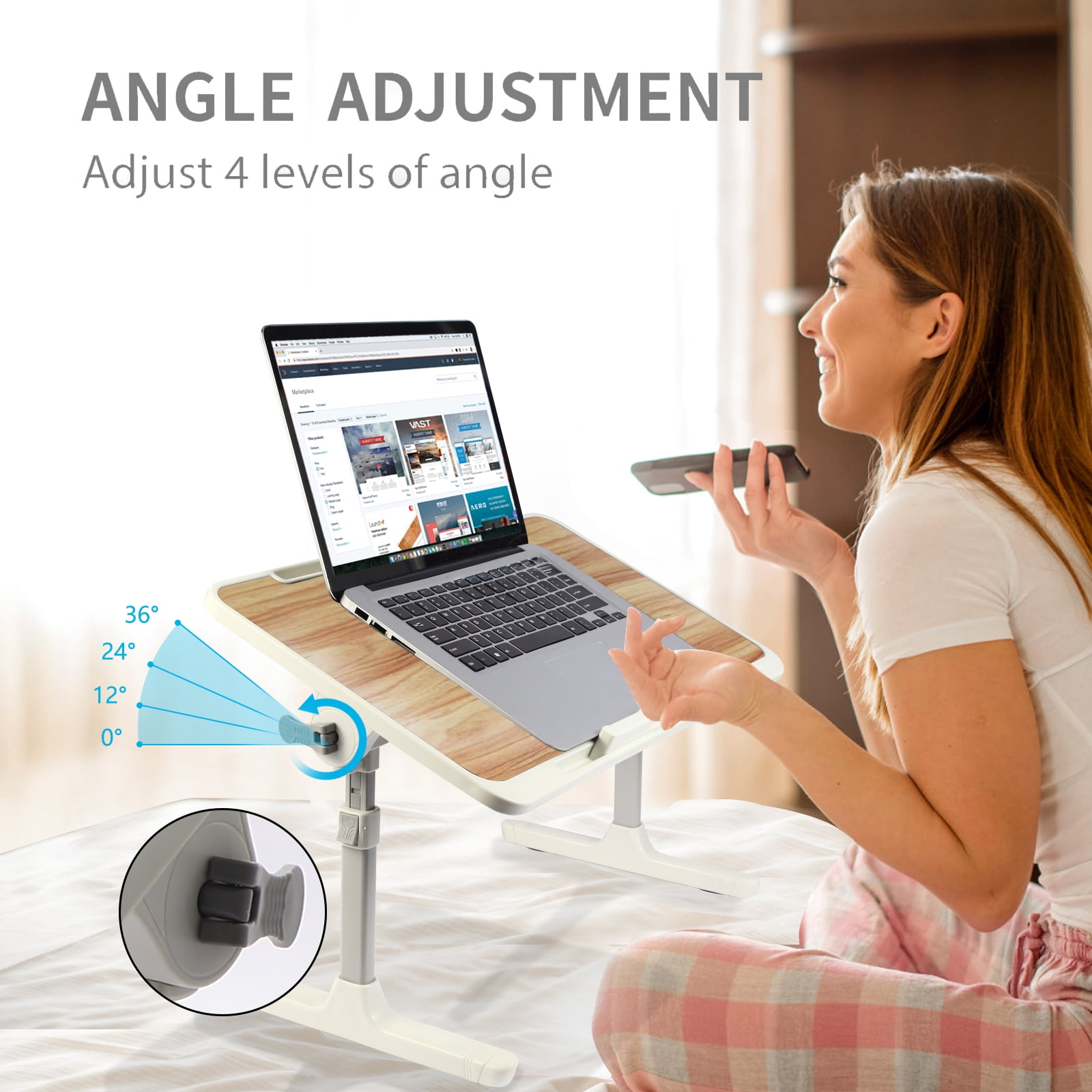 PHANCIR Height & Angle Adjustable Lap Desk, Laptop Stand Bed Tray, Foldable Laptop Desk with Storage Drawer, Walnut