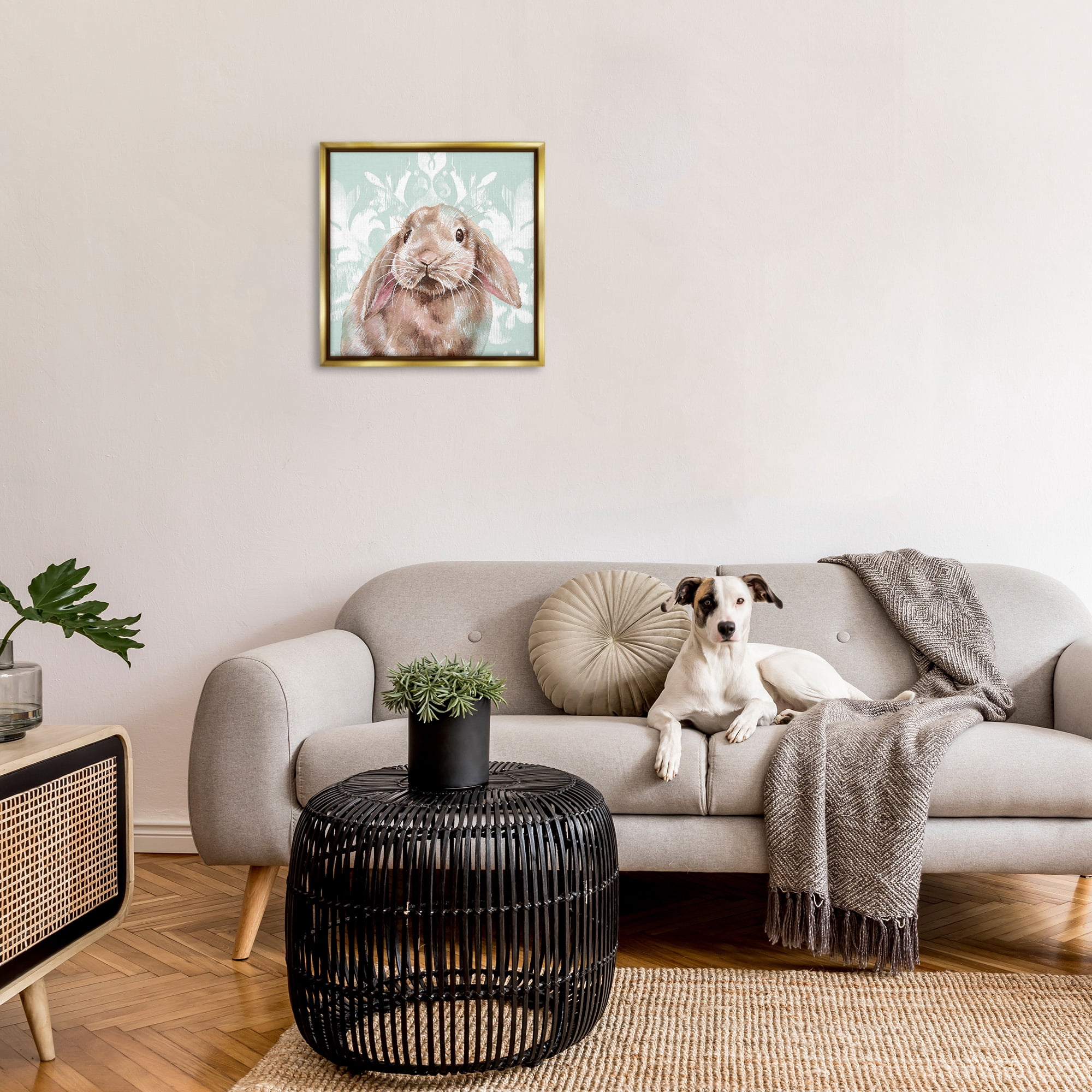 Stupell Industries Bunny with Floral Pattern Animals & Insects Painting Gold Floater Framed Canvas Art Print Wall Art, 25 x 25
