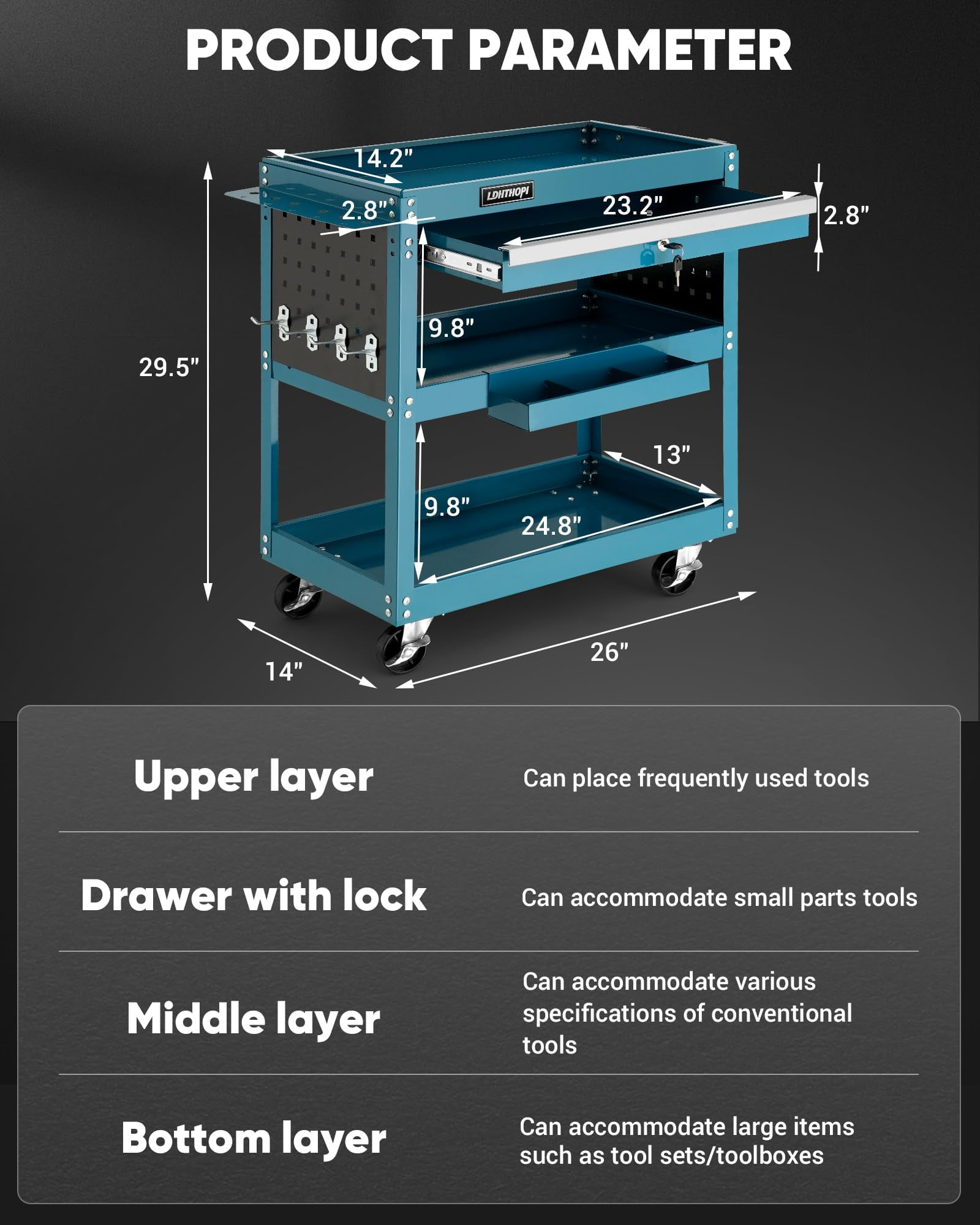 Gewna 3-Tier Metal Rolling Tool Cart, Lockable Drawer, 330 lbs Capacity, Heavy Duty Utility Cart for Garage Blue