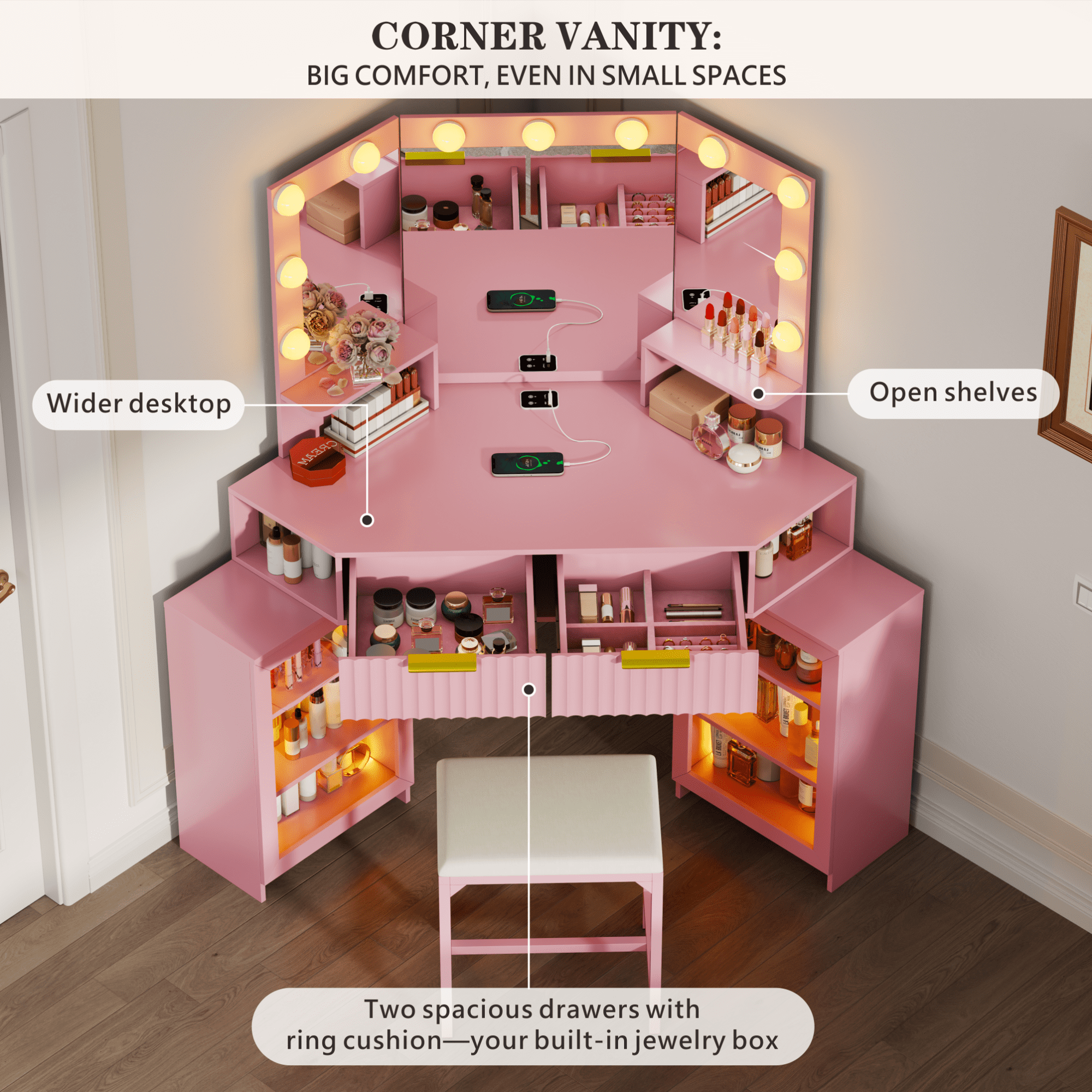 VKCC Retro Corner Vanity Desk Table with Ultra-Wide LED Mirror, Charging Station, Storage Drawers & Shelves, Pink