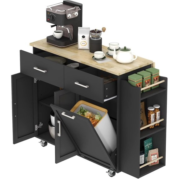 HAUXITIO Kitchen Island Cart with Drop Leaf,2 Drawers & Trash Can, Rolling Storage Cart with Spice Rack,Black