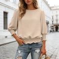 thumbnail image 4 of vigerkar Women Smocked Tops Elastic Cinched Waist Top Dressy Blouse 3/4 Length Sleeve Casual Outfits (Khaki, L), 4 of 7
