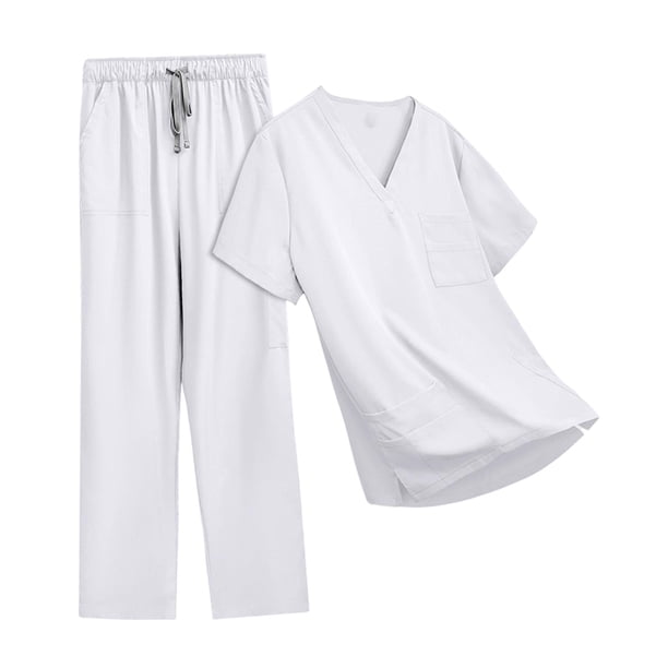 Conjunto de uniforme médico unisex, ligero, suave y cómodo, para salones de belleza y enfermería. Blanco