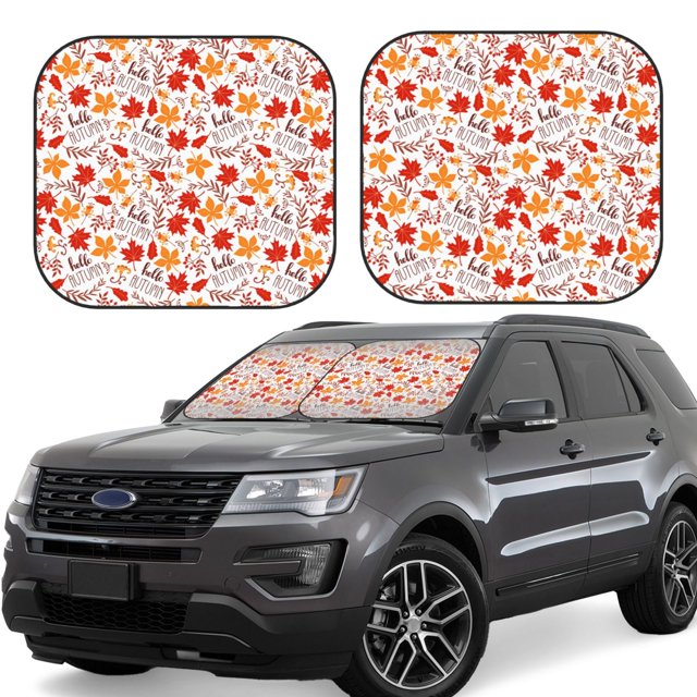 Bingfone Hello Autumn Maple Leaf Windshield Sun Shade 2-Piece Foldable Car Front Window Sunshade for Most Sedans SUV Truck-Small