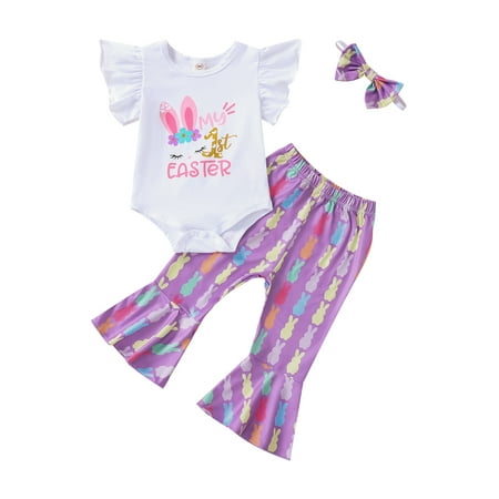 

Seyurigaoka 3 Pcs Newborn Easter Outfits Baby Girls Letter Bunny Print Short Sleeve Round Neck Bodysuit + Flared Pants + Bow Headband
