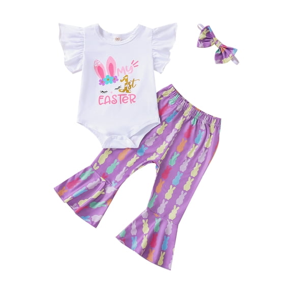 Inevnen Baby Girl Easter Outfits My 1st Easter Ruffle Sleeve Letter Romper Bunny Pant Headband