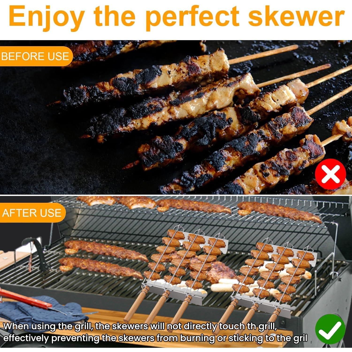 Brochettes Barbecue Acier Inoxydable - Lot De 10, 43,4 Cm, Avec Poussoir Et Sac