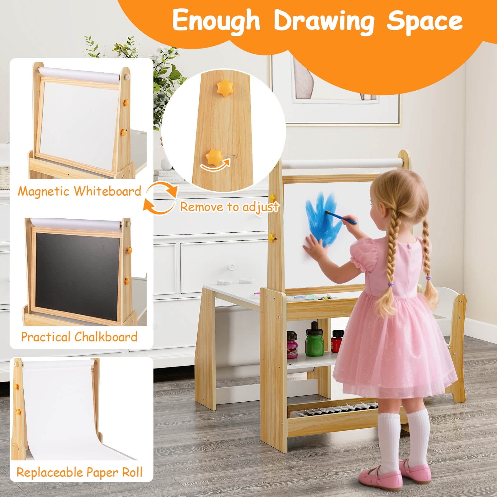 Costway Kids Art Table and Chair Set with Easel & Chair Whiteboard & Chalkboard Paper Roll Natural + White