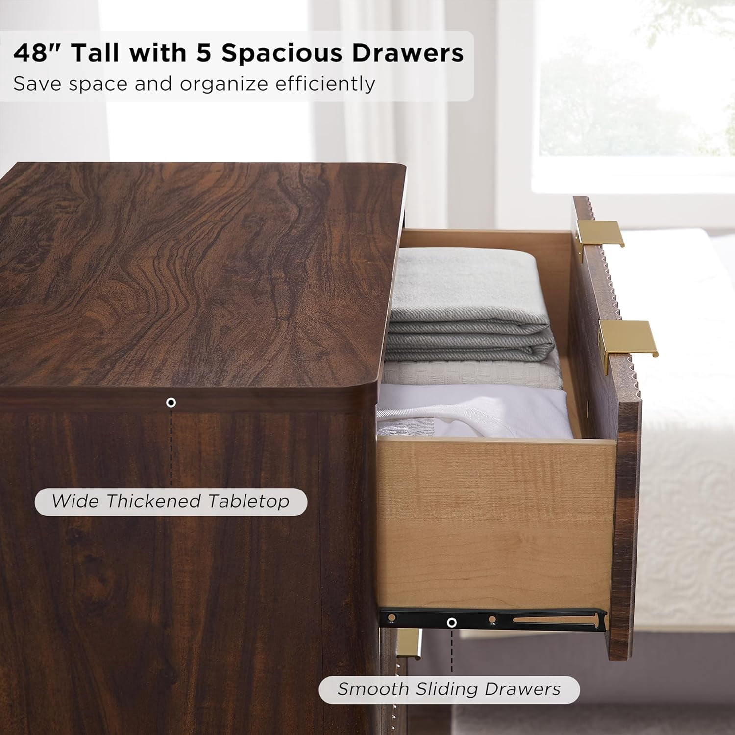 OKD 5 Drawer Dresser for Bedroom with Faux Marble Top, Modern Wood Chest of Drawers, Dresser Organizer, Dark Walnut