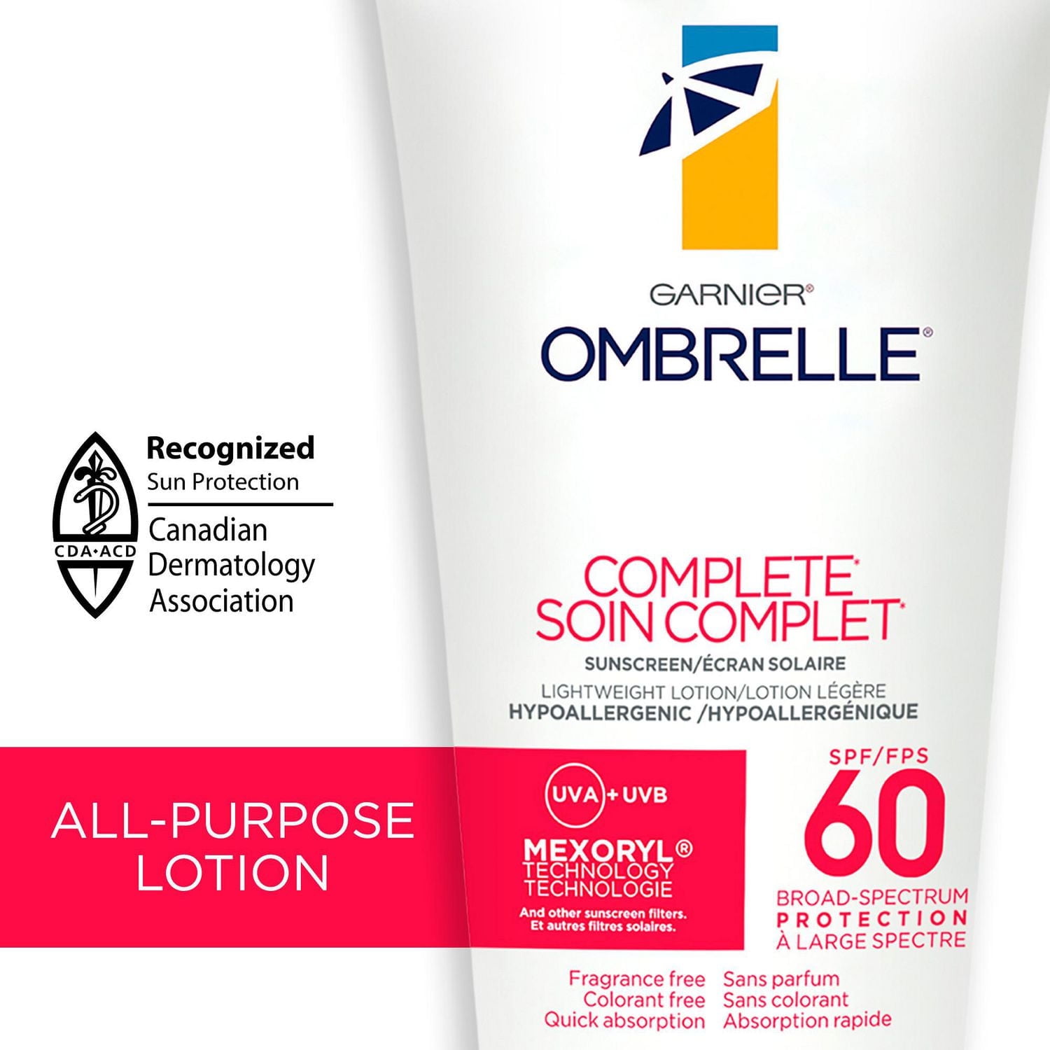 Garnier Ombrelle Écran solaire complet, FPS 60, pour le corps et le visage, haute protection, défense avancée contre les UVA/UVB, non gras, résistant à l'eau, hypoallergénique, non comédogène, 90 ml
