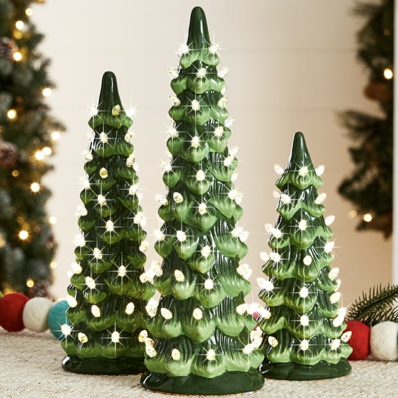 Best Choice Products Set of 3 Pre-Lit Hand-Painted Ceramic Tabletop Christmas Trees w/ Warm White Bulbs - Green