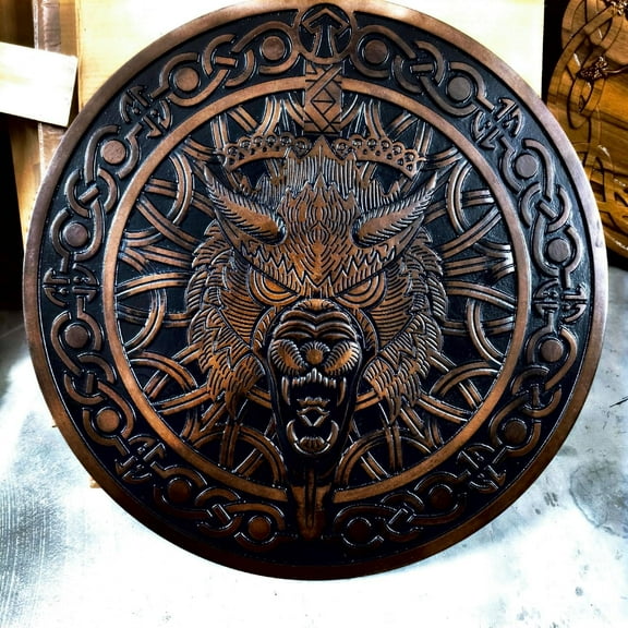 Medieval Handcrafted Viking Fenrir Wolf Shield, Round Wooden Wall Decor with Celtic Knotwork Pattern, Brown, 24 inch