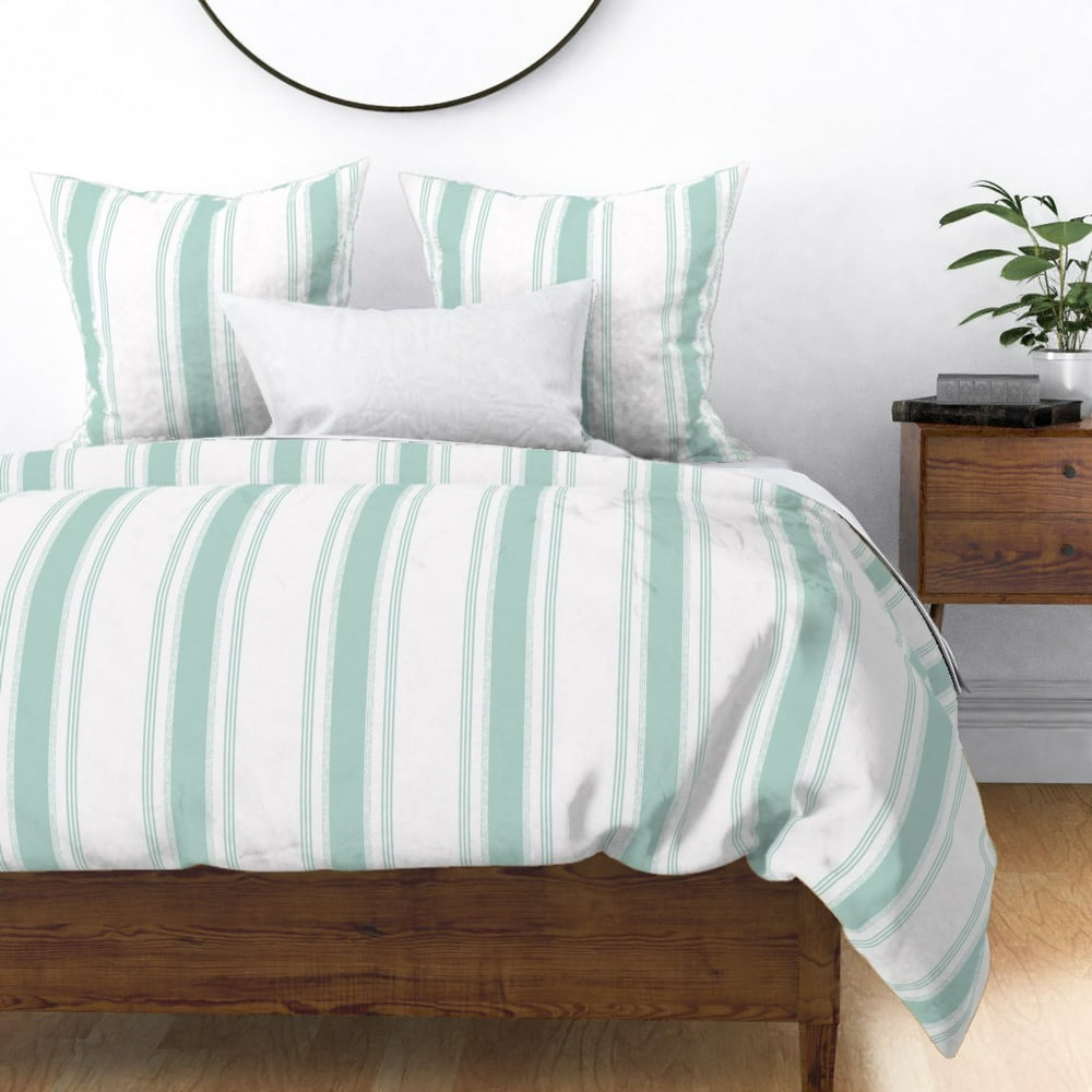 French Ticking Jade Turquoise Stripes Decor Sateen Duvet Cover by