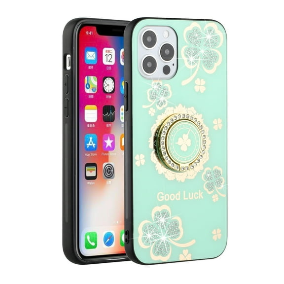 For Apple iPhone 13 Pro Max (6.7") Diamond Bling Sparkly Glitter Ornaments Hybrid with Ring Stand Holder Fashion Cover ,Xpm Phone Case [Teal Good Luck Floral]