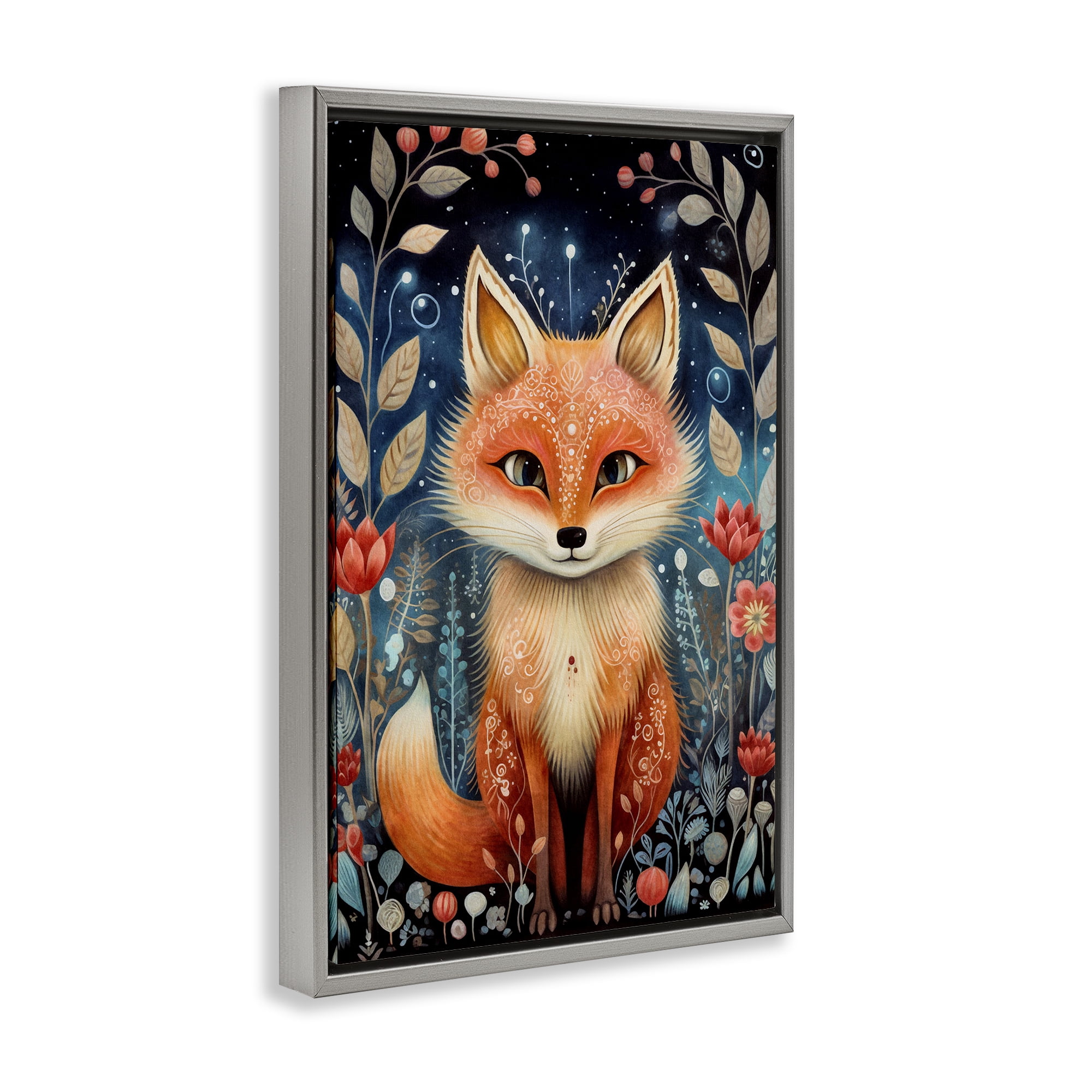 Stupell Industries Woodland Pattern Fox Animals & Insects Painting Gray Floater Framed Art Print Wall Art, 21 x 31