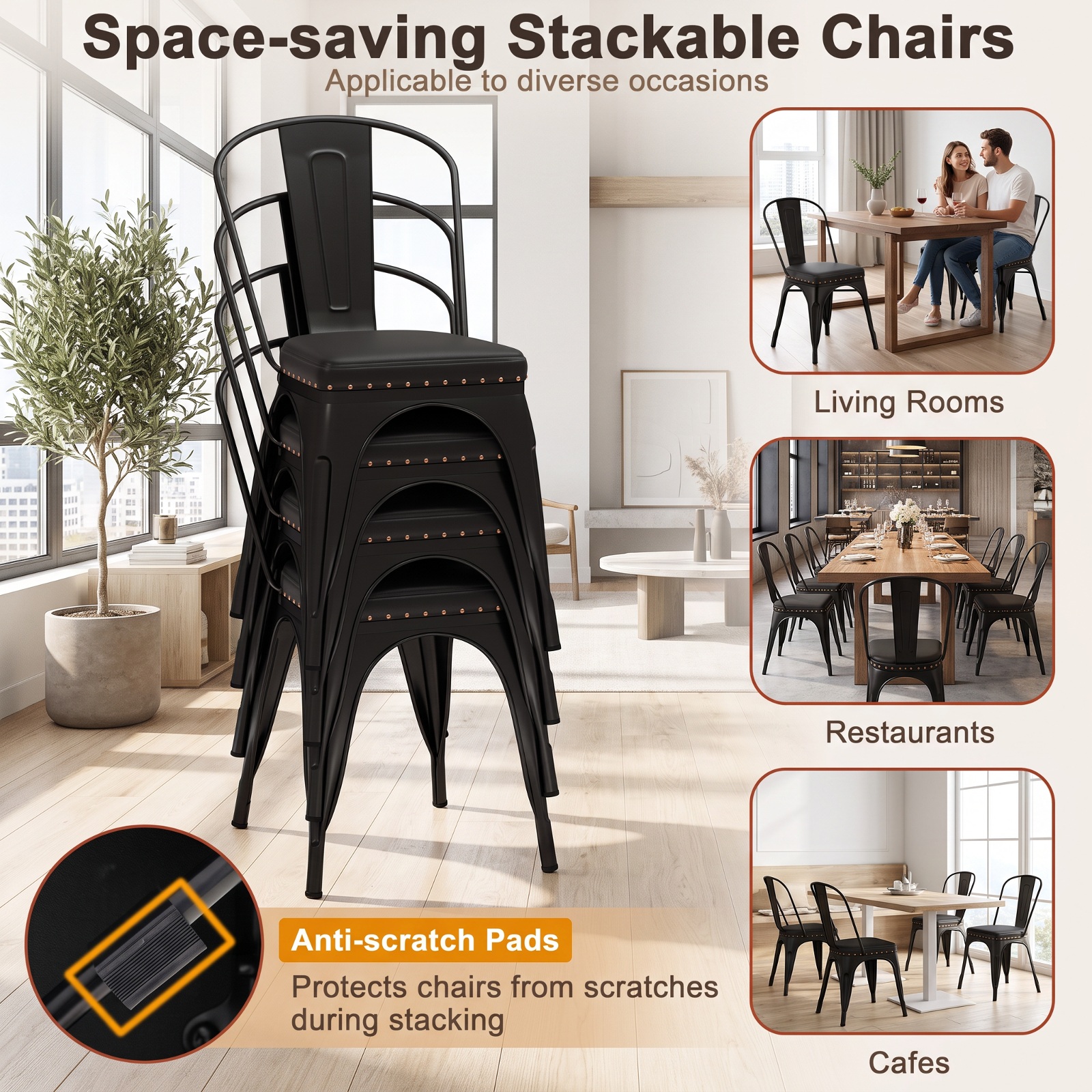 Furnibear Metal Dining Chair Set of 4 Stackable Kitchen Chairs with Removable Backs and PU Leather Cushioned Seat for Kitchen Dining Room, Black