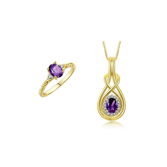 RYLOS Matching Love Knot Jewelry Set 14K Yellow Gold Ring & Necklace W/ 18" Chain Gemstone & Diamonds 8X6MM & 7X5MM Amethyst February Birthstone; Size 5