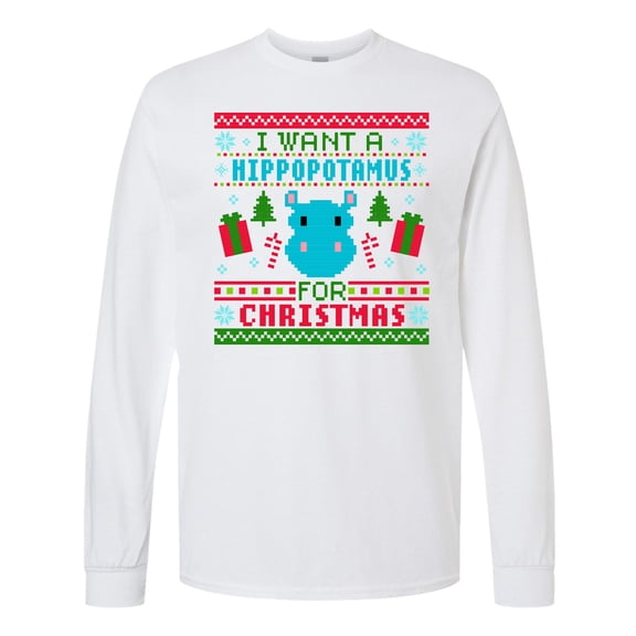 Inktastic I Want a Hippopotamus for Christmas Pixelated Ugly Sweater Long Sleeve T-Shirt
