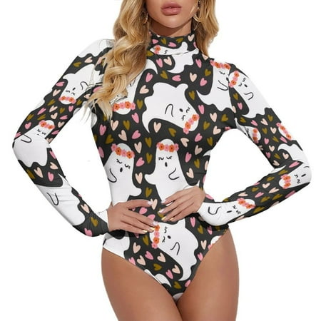 Long Sleeve Bodysuit for Women  Love Ghost Halloween Turtle Neck Body Suits Tops Jumpsuit for Womens Tummy Control  Fall Winter Outfits Fashion Clothes for Women 2024