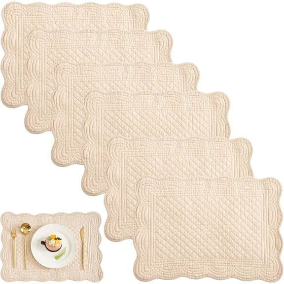 6PCS Quilted Placemats -13x18 inches, 100% Cotton Placemats, Thick & Washable Place Mats for Durable Use, Rectangular Placemats Scalloped Edge for Kitchen and Dining Blue (Flax, 13x18 Inches)