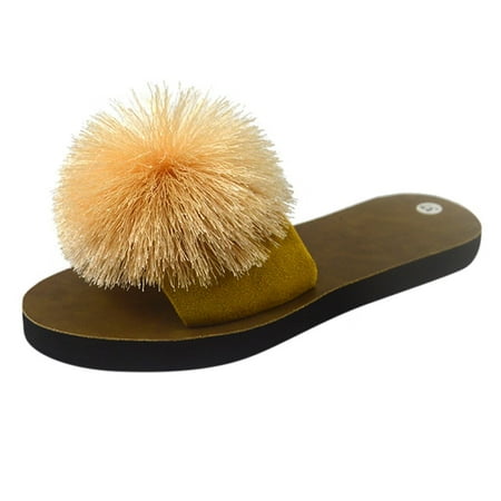 

new home gifts for home Women Beach Breathable Hair Ball Sandals Home Slipper Flip-Flops Flat Shoes Suede Khaki