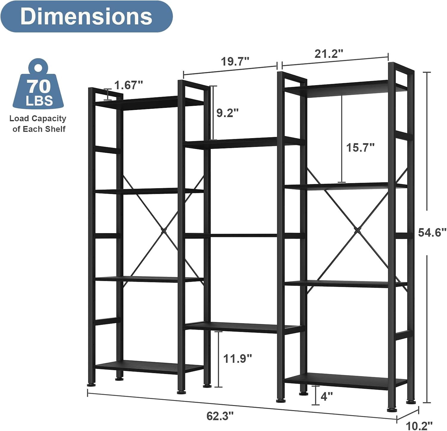 Atilioo Triple Bookshelf, 4-Tier Wide Bookcase with 11 Open Tall Display Shelves, Modern Industrial Book Shelves for Living Room Home Office, Black