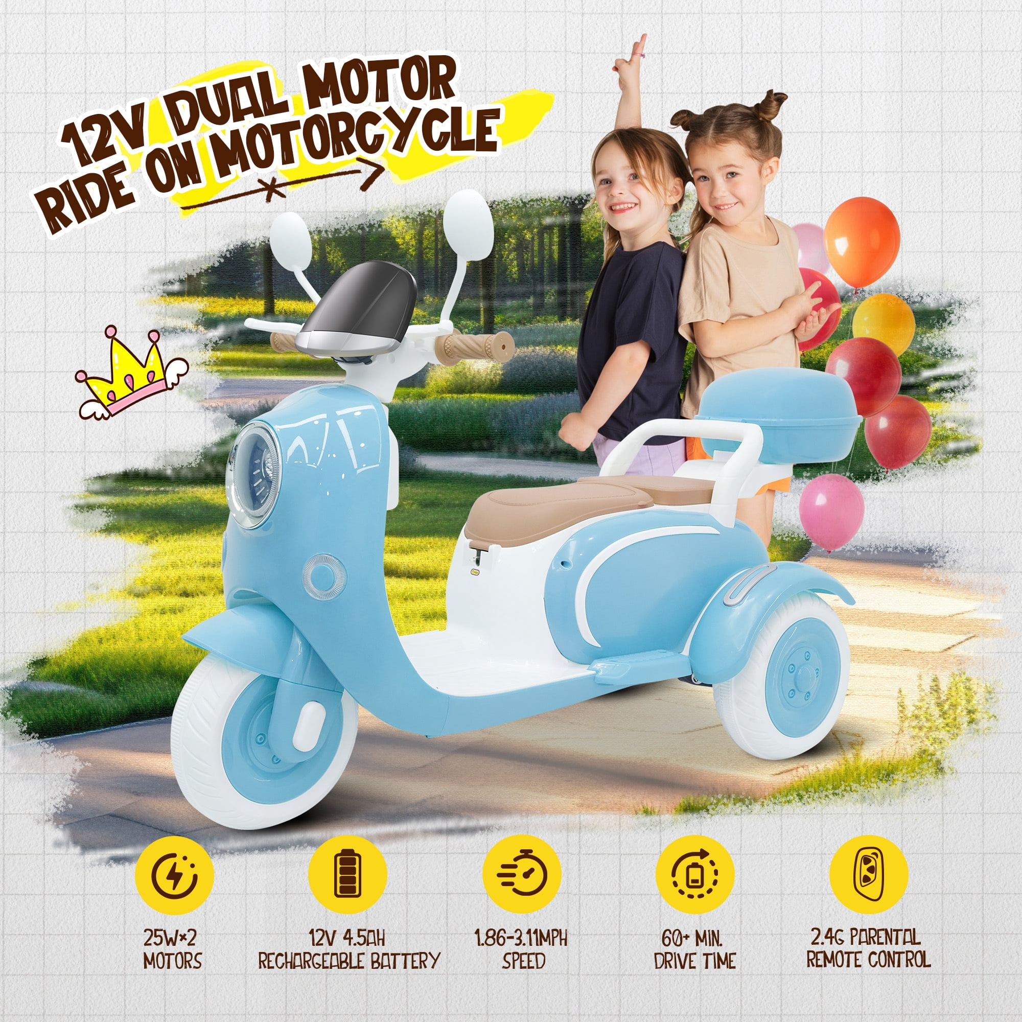 Letsgokid 2 Seater Electric Motorcycle, 12V Ride On Motorcycle with USB, Music, Bluetooth, Light, Big Storage Box, Motorcycle for Kids 3+