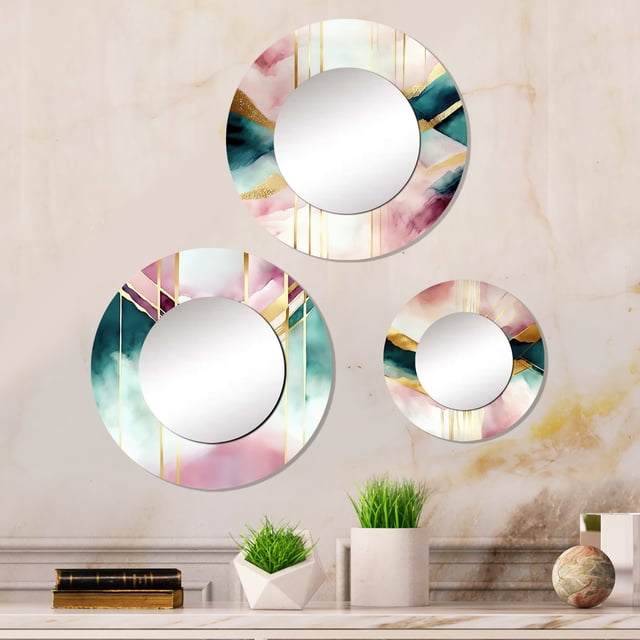 Designart "Geometric Pink and Green Geode I" Animals Round Mirror Set Of 3 - Modern Pink Hallway Round Mirror Wall Decor Set