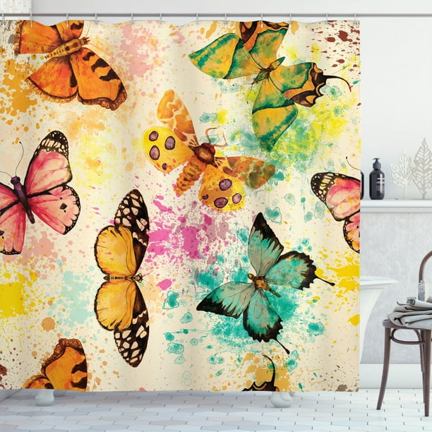 Butterflies Decorations Shower Curtain Set, Watercolors Murk Grungy