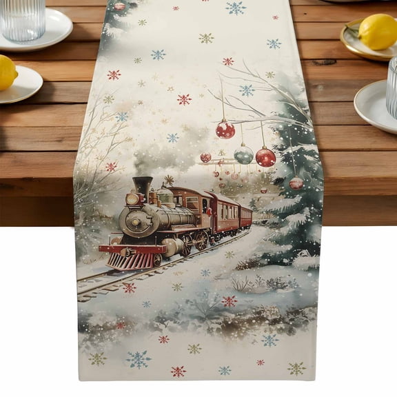 Christmas Cotton Linen Table Runner for Dining Kitchen, Train Xmas Tree Snowflake Balls Wedding Outdoor Party Tablerunners Decoration, Dresser Scarf Coffee Tablecloth Runners 13x70 Inches