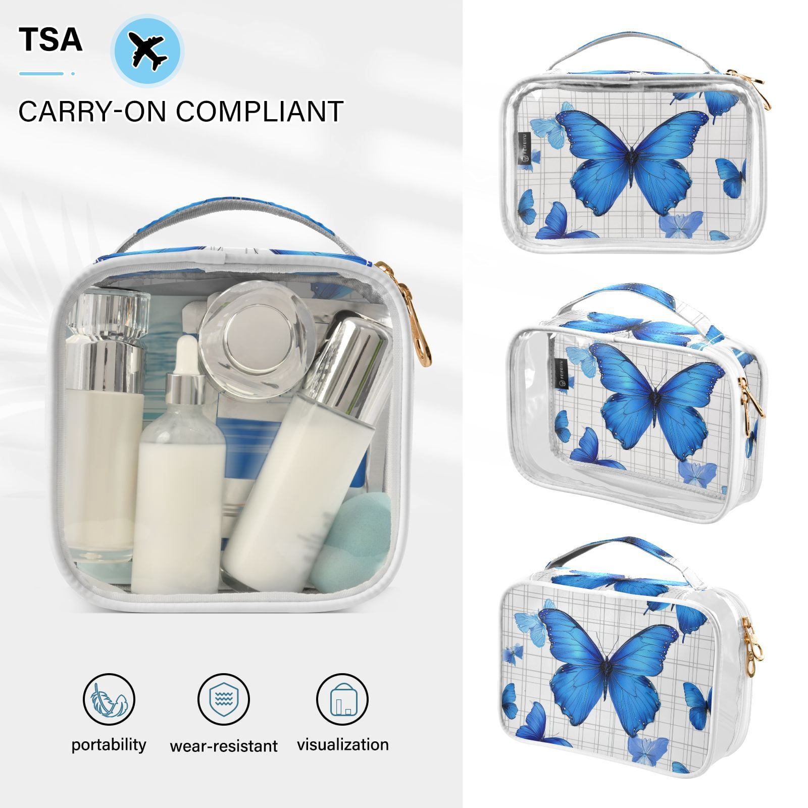Clear Makeup Bags with Handle Large Opening 2 Pack Set Toiletry Bag Quart Size Bag, for Women Man Traveling Travel Essentials, Toiletries and Other. Blue Butterfly