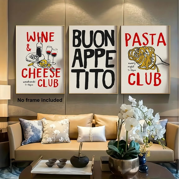 [2D Flat] 3pcs,2D Frameless Canvas Art, Living Room Decor, Kitchen Print Set, Food Wall Art 3pcs, Vintage Pasta Club Digital Print Wine Cheese Gallery Wall Set Buon Appetito Fashionable Printable Po