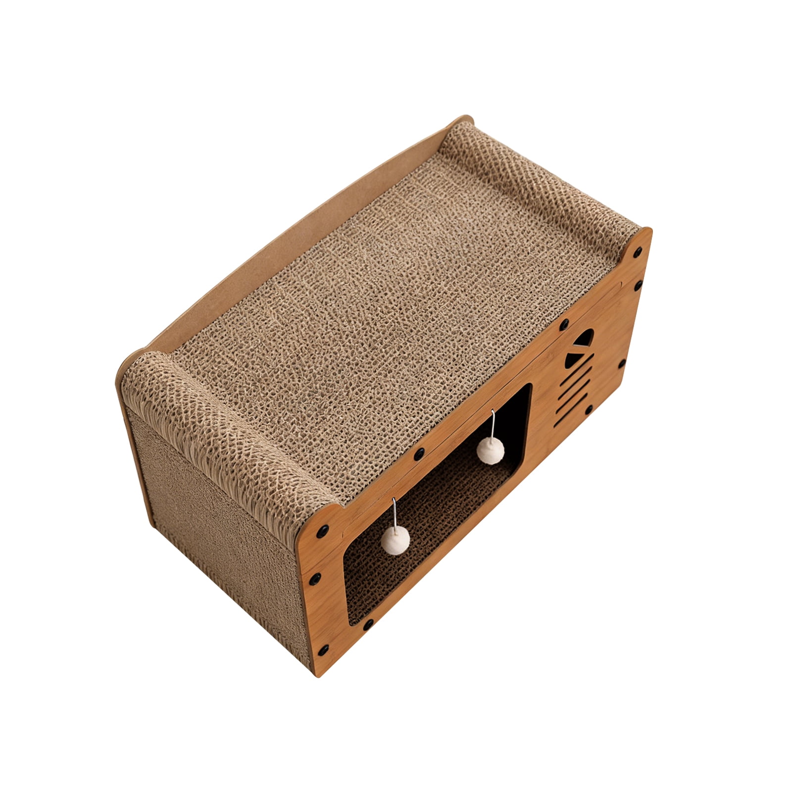 Cat Scratcher House, 2 in 1 Cat Bed and Cave with Hanging Ball Toys, Wooden Scratching Board for Kittens and Adult Cats
