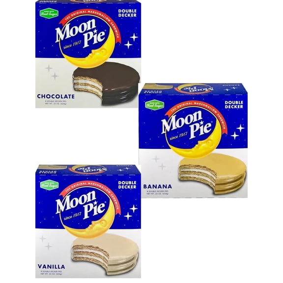 Moon Pie Marshmallow Sandwich Double Decker Chocolate Vanilla Banana 3 Boxes, 8 Count
