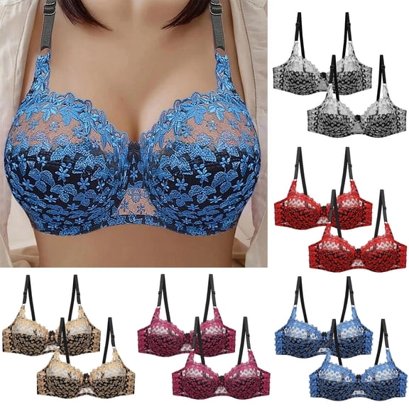 Feancey Plus Size Lace Bras for Women 2 Pack Floral Embroidery Underwire Bra Full Coverage Push Up Brassiere Adjustable Straps Minimizer Bras Blue L