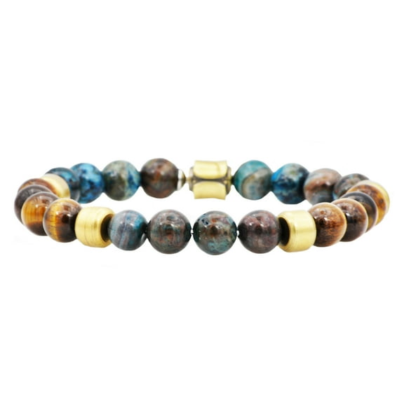 Mens Genuine Blue Crazy Lace And Tiger Eye Gold Plated Stainless Steel Beaded Bracelet