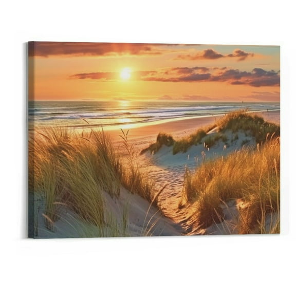 Creowell  Bedroom Beach Wall Art Canvas: Modern Sunset Coastal Scene Picture Relaxing Seascape Painting Seaside Dunes Grass Print Ocean Sea View Artwork for Living Room Decor 20x16 Inch