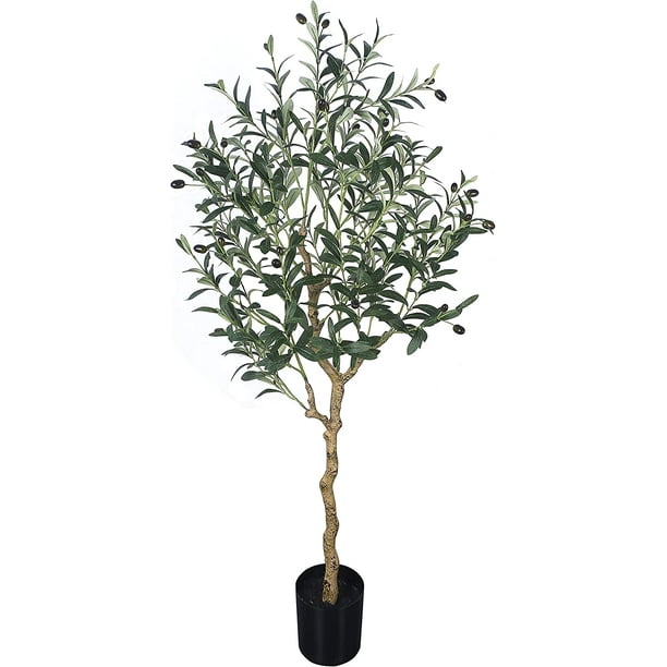 BWKJ Árbol de oliva artificial alto de seda de olivo falso en maceta con maceta grande ramas de olivo sintético y frutas árbol artificial para Decoración moderna del hogar oficina sala de estar interiores 4 pies