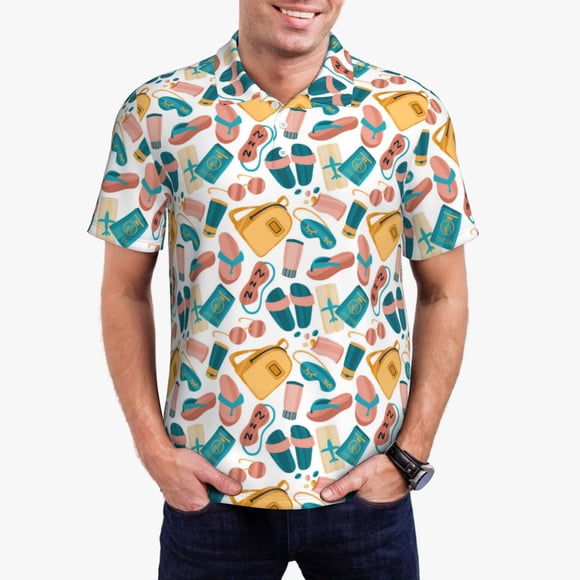 Saiise Chemise de Golf Imprimée Éléments de Voyage pour Hommes Évacuation de l'Humidité Séchage Rapide Polo Performance pour Hommes-TG