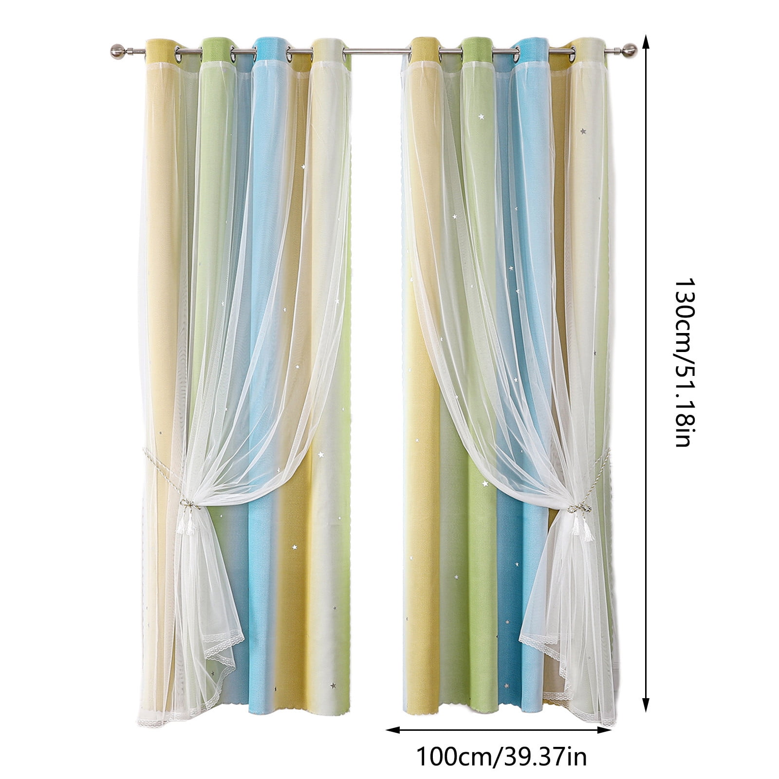 2-in-1 Double-Layer Kids & Girls Unicorn Princess Ombre Blackout Curtains with Foil Print Sheer,Panels for Bedroom, Nursery, Living Room - Yellow Purple Blue, 52W x 63L