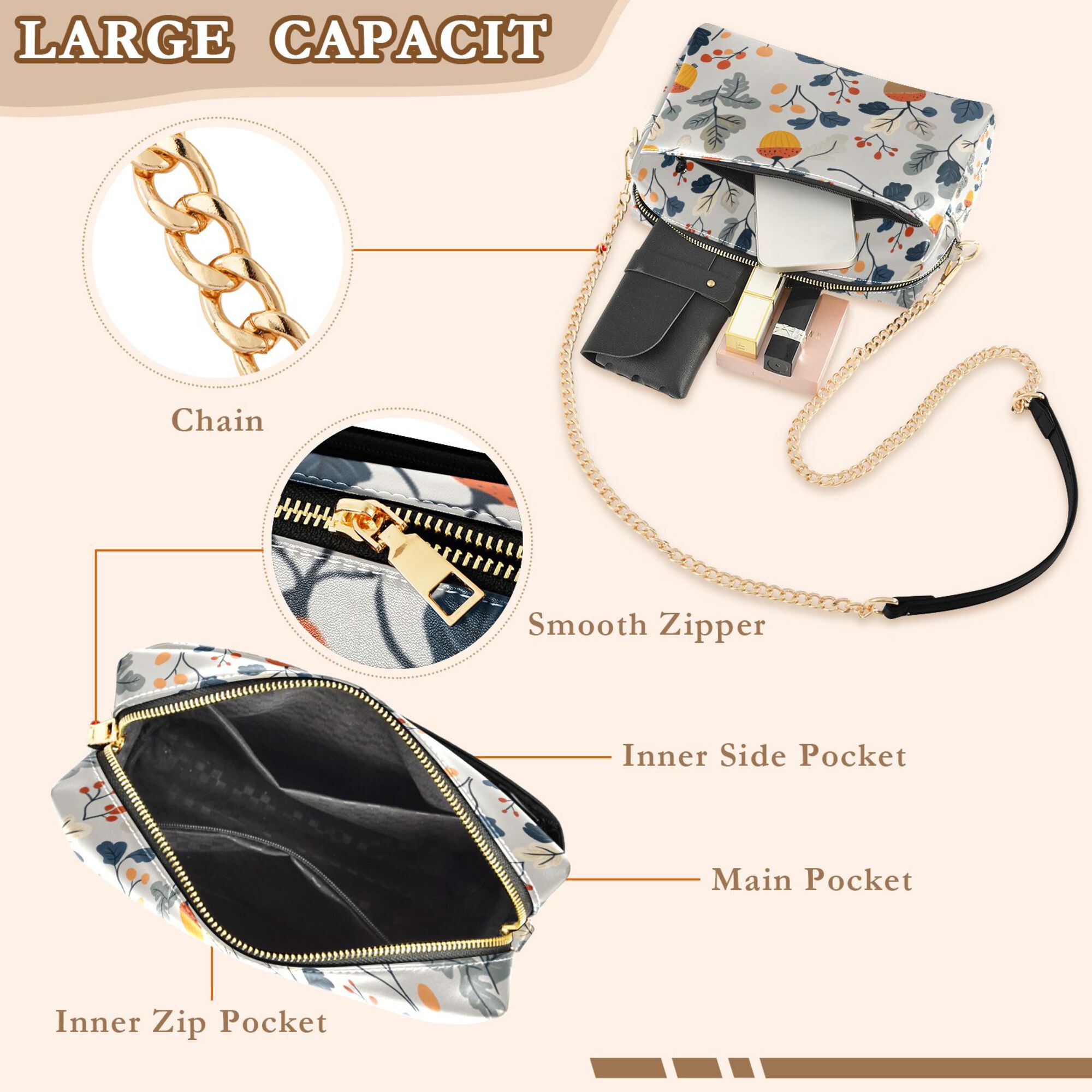 FORMRS Women Crossbody Purse with Chain Strap Vegan Leather Shoulder Handbag, Acorn Leaves Pattern